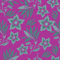 Seamless floral pattern, cute ditsy print with small pink flowers, leaves on purple background. Pretty botanical design for fabric, paper and other surfaces. Vector illustration.