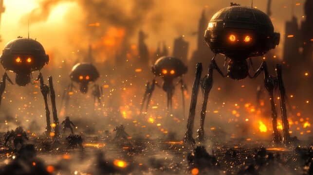 A dystopian landscape with robotic entities amidst smoke and flames.