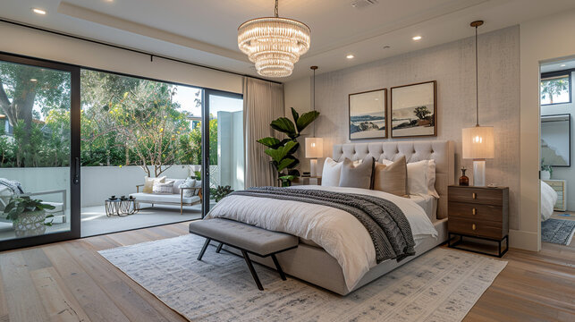 A contemporary transitional bedroom with a sleek platform bed in walnut wood, layered with luxurious linens in soft whites and grays.