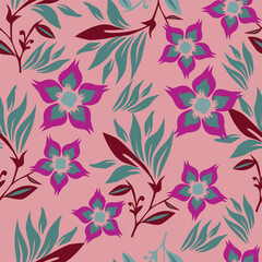 Seamless floral pattern, cute ditsy print with small pink flowers, leaves on purple background. Pretty botanical design for fabric, paper and other surfaces. Vector illustration.