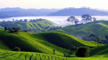 Lush Green Rolling Hills in Misty Morning Light