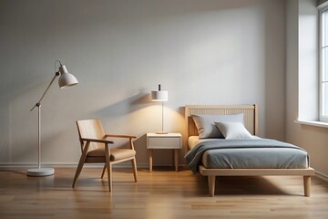 Minimalist and elegant single bed with compact table and lamp next to a simple chair isolated on white background