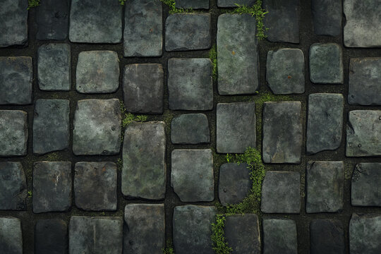 Seamless cobblestone street texture, moss growing between stones, realistic worn surface