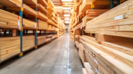Obraz premium Lumber aisle in home improvement store with stacked wooden planks