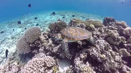 Vibrant Sea Turtle Swimming Among Coral Reef