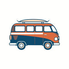 Vintage Beach Van with Surfboard on Roof - Retro Travel and Adventure Vehicle Silhouette. 