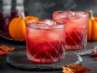 Two glasses of red drink with ice cubes and orange pumpkins on a table. Scene is festive and celebratory