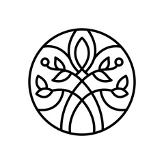 Flower round line logo aesthetics. Emblem plant in circle linear style. Vector abstract badge for design of natural products, flower shop, cosmetics, ecology concepts, health, spa, yoga center