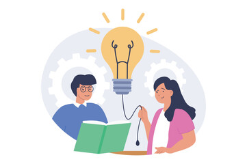 Teamwork concept in modern flat design for web. Man and woman brainstorming and finding ideas, creating project and working in team, developing business and achieving goals. Vector illustration.