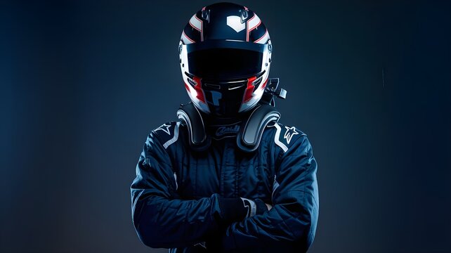 Race Car Driver in Helmet and Suit   Arms Crossed  Dark Background