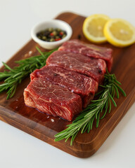 Fototapeta premium Raw pieces of meat lie on the table, ready for cooking.