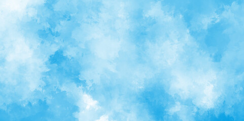 abstract blue watercolor scraped grungy background, White cumulus clouds formation in blue sky. abstract washes and brush strokes on white paper background.