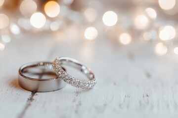 a pair of silver wedding rings on a white wooden table, with bokeh lights in the background Web banner with copy space Generative AI