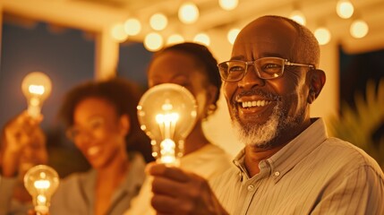 Joyful senior man holding glowing light bulb at outdoor evening gathering