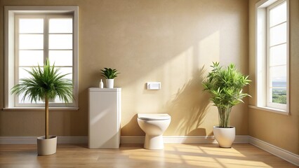 Minimalist beige bathroom with white toilet, green plant, and natural light coming through window