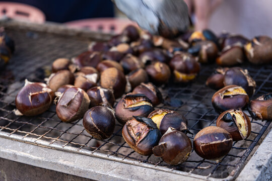 Edible roasted chestnuts for sale at a street market, Tbilisi, Georgia
