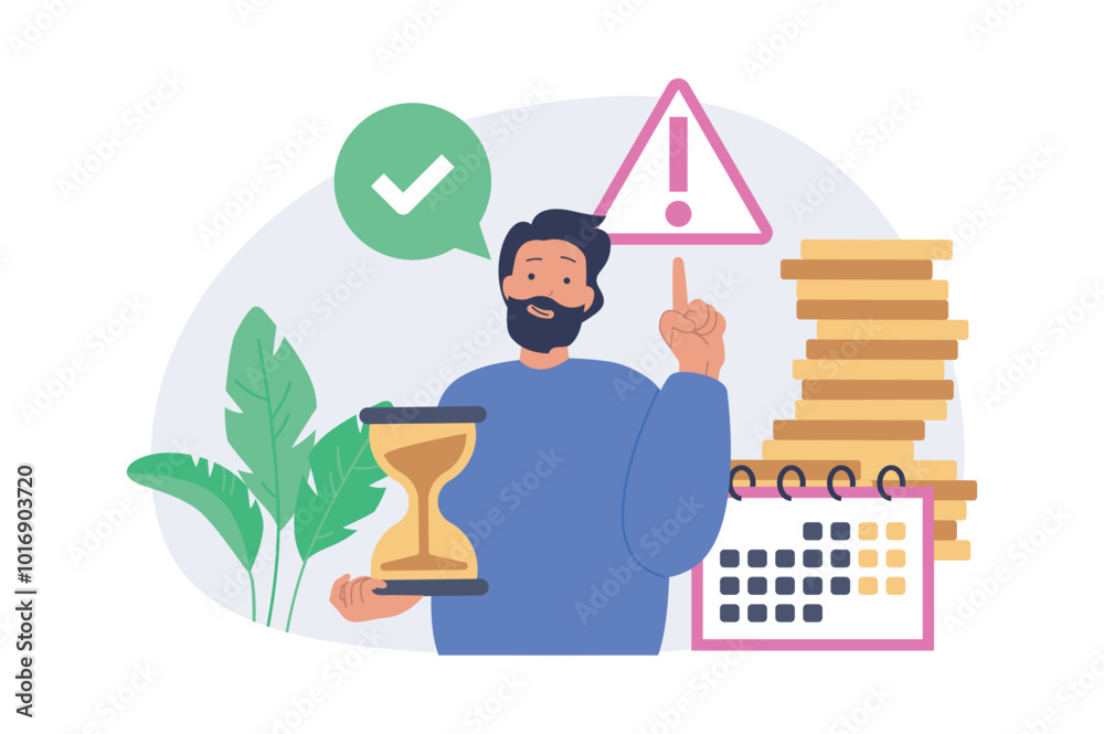 Poster time management concept in modern flat design for web. man planning job agenda with calendar and hou