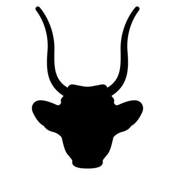 recommend clip art: Horned head of a cow or bull. Ancient Egyptian animal design. Black silhouette on white background.