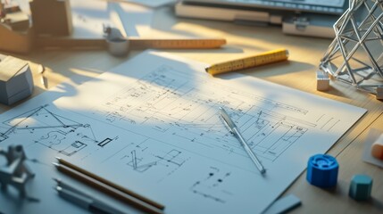 Detailed view of an engineering workspace with mathematical models, calculations, and design tools visible on a desk