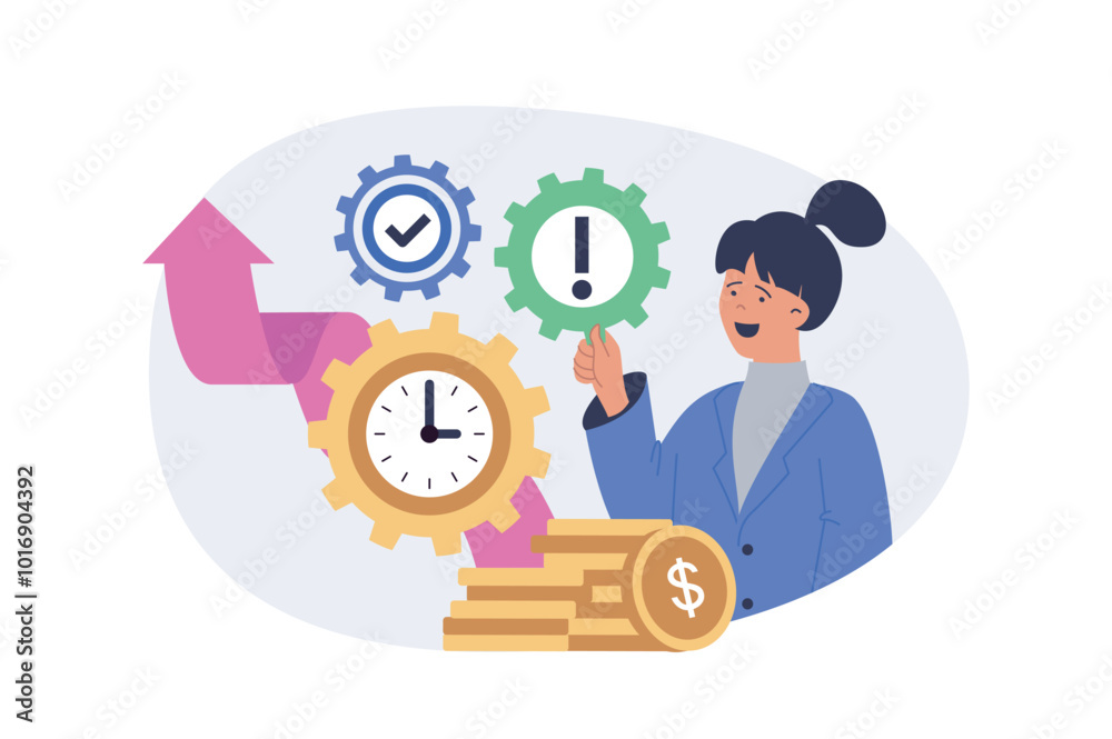 Poster Time management concept in modern flat design for web. Woman planning job and organizing productivity workflow, brainstorming, doing priority tasks to deadline, increase earning. Vector illustration.