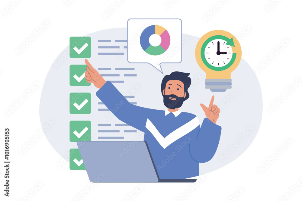 Poster Time management concept in modern flat design for web. Man planning job with tasks schedule, organizing productivity workflow with control time and doing tasks to deadline. Vector illustration.