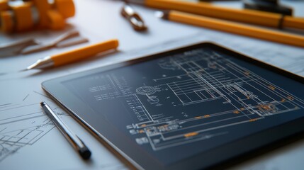 Detailed view of engineering calculations and mathematical models on a digital tablet with drafting tools nearby