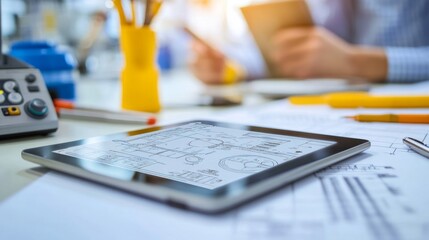 Detailed view of engineering calculations and mathematical models on a digital tablet with drafting tools nearby