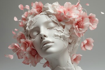 Sculpture of Greek Goodness with pink flowers on a gray background.