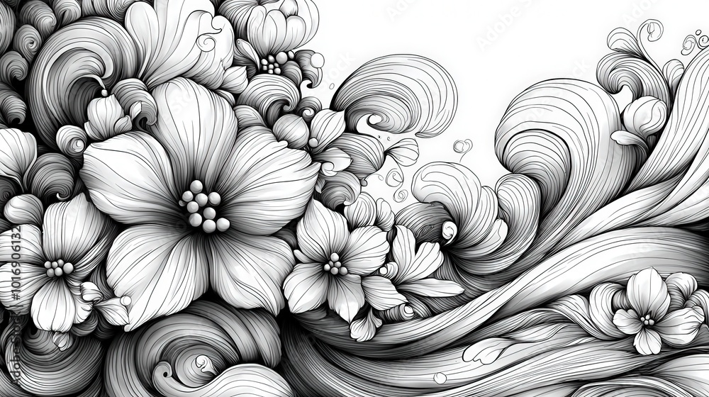 Poster an intricate black and white illustration captures a flowing composition of flowers and swirling lin