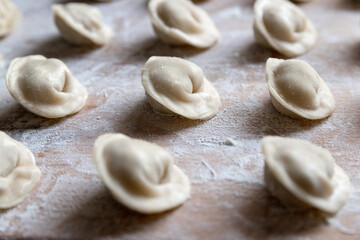 The raw dumplings were placed on a wooden cooking board, sprinkled with flour. The filling is minced meat, potatoes, cheese or cottage cheese. A semi-finished product, ready for cooking.