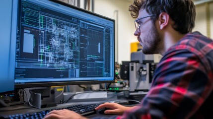 Engineer in a tech lab analyzing engineering simulations and mathematical data on a large computer screen