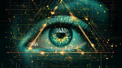Cyberpunk Eye in Triangle with Matrix AI Design on Green and Black Background