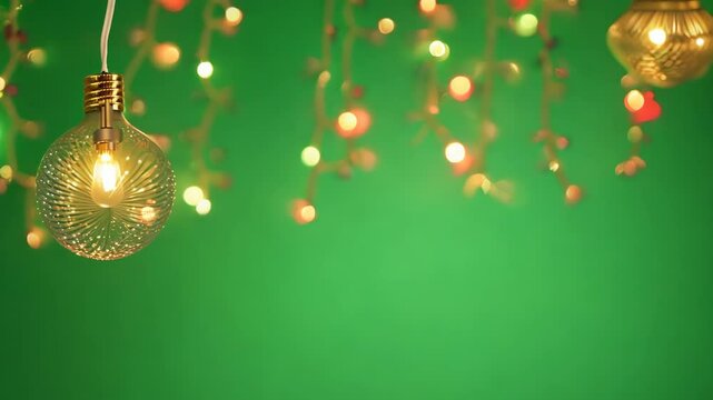 Golden isolated string lights hang against green screen chroma key background. Warm glow of bulbs creates festive ambiance. Each light shines. Holiday new year celebration. Joy Christmas. Chromakey.