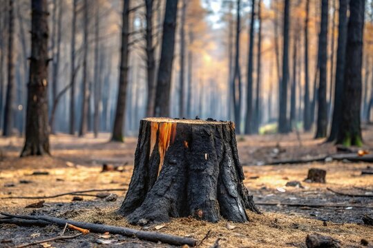 Minimalist burnt tree stump in a wildfire damaged forest in Surrey, UK