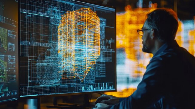Engineer using a 3D modeling software to create complex structures with embedded mathematical calculations and designs