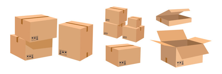 Set of open and closed cardboard boxes in cartoon style. Vector illustration of beautiful cardboard boxes for transportation and storage of parcels with food, things isolated on a white background.