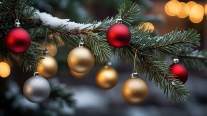 Fototapeta premium pine tree branch with Christmas ornaments