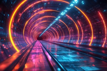 futuristic digital tunnel with pulsating neon lines converging to a central point abstract tech background suggesting highspeed data transfer or virtual reality concept