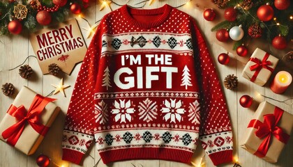 A vibrant red Christmas sweater announces I'm the gift, surrounded by wrapped presents and festive decorations, creating a joyful holiday atmosphere