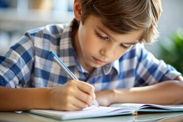 Boy writing in notebook moment of learning and focus