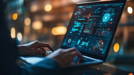 Engineer working on a laptop, analyzing mathematical models and simulations in a high-tech office