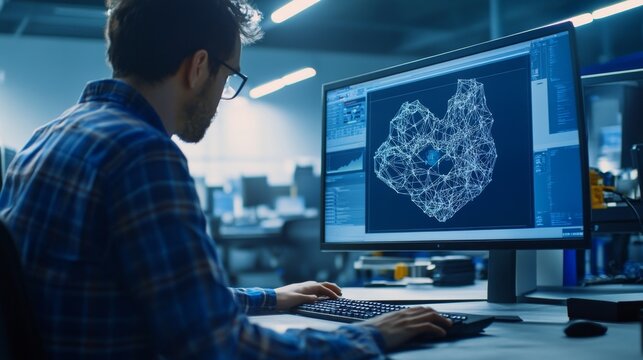 Engineer working on a mechanical design with a focus on mathematical calculations and simulations displayed on a computer