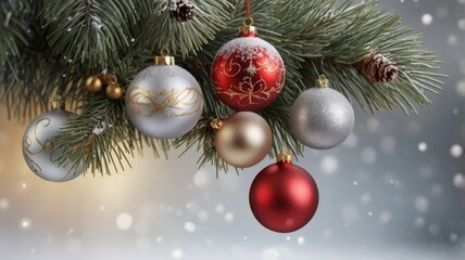 Obraz premium pine tree branch with Christmas ornaments