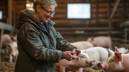 Farmer interacting with pigs in their barn, demonstrating hands-on animal care