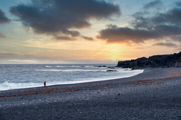 Distant view of a person walking on a black pebble beach, Reykjanes Peninsula, Iceland