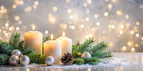 Minimalist Christmas candles ornaments and pine branches with glowing glitter circles of bokeh lights background