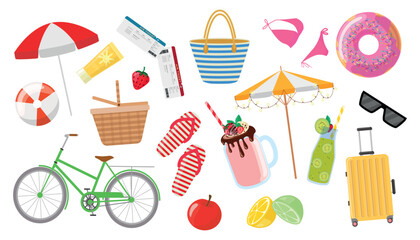 Set of summer symbols in cartoon style.Beautiful vector illustration: beach umbrella, ball, sunscreen, tickets, basket, bag, swimsuit, donut, flip flops, cocktails,sunglasses,suitcase,bicycle,fruits. © MVshop