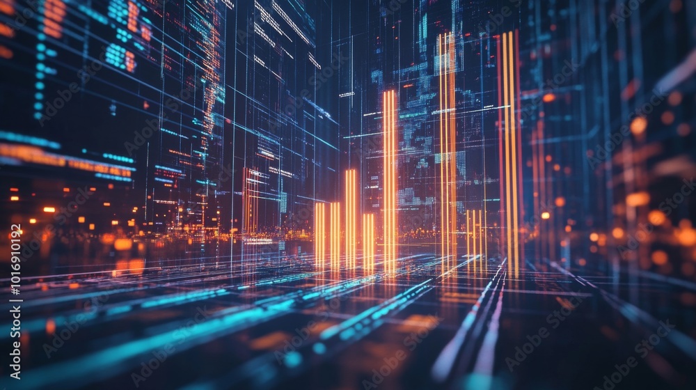 Leinwandbilder digital data visualization with bright bar graphs