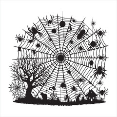 Fototapeta premium Halloween spider web and spiders silhouette on white background 