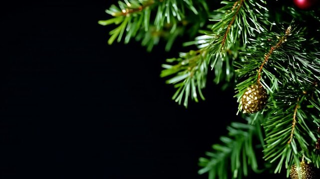 Close-up of lush green tree branches adorned with golden ornaments, festive atmosphere. Shiny decorations. Pine cones. Christmas holiday celebrations. Seasonal home decor on black isolated background.